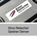 Elmo Rietschle Logo on a vacuum pump with Elmo Rietschle in text below. Button.