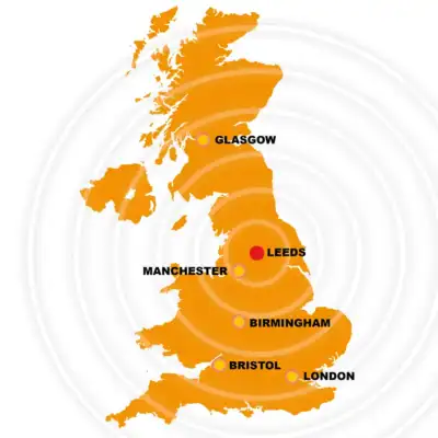 uk-wide-becker-pump-repair-coverage-map UK-wide pump repair coverage map showing Leeds workshop support with nationwide service across Manchester, Birmingham, London, Bristol and Glasgow