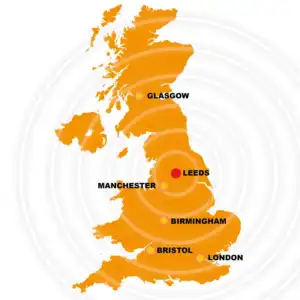 UK-wide pump repair coverage map showing Leeds workshop support with nationwide service across Manchester, Birmingham, London, Bristol and Glasgow