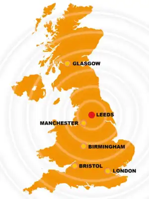 UK-wide pump repair coverage map showing Leeds workshop support with nationwide service across Manchester, Birmingham, London, Bristol and Glasgow