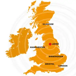UK-wide pump repair coverage map showing Leeds workshop support with nationwide service across Manchester, Birmingham, London, Bristol and Glasgow